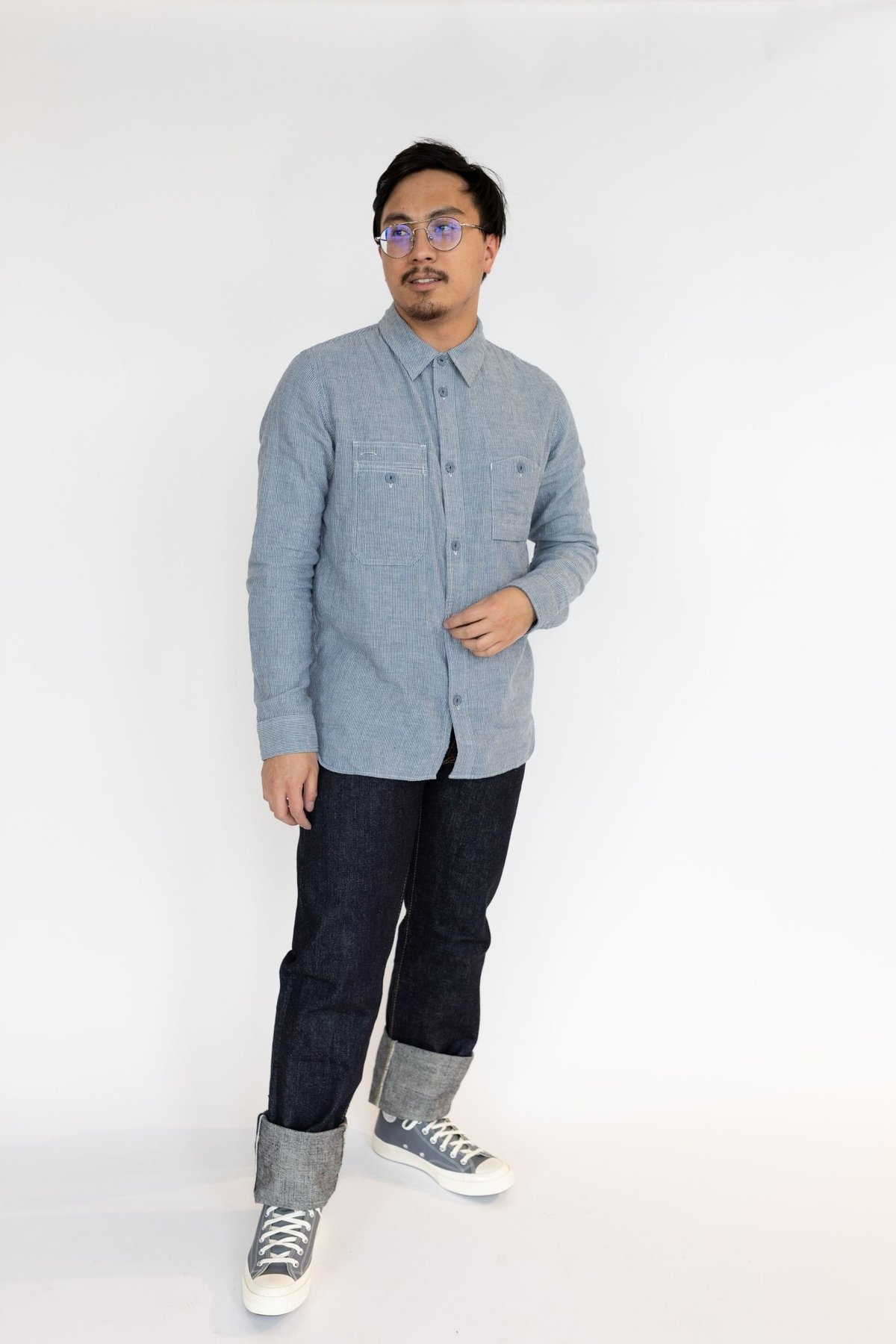 Pure Blue Japan Vertical Stripe Work Shirt - Indigo | Garmentory