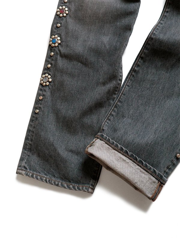 Kapital 14oz BLACK Denim 5P MONKEY CISCO STUDS pants - Black