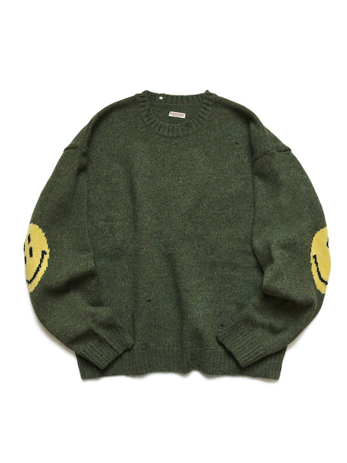 Kapital 7G Wool Smiley Crew Sweater - Khaki | Garmentory