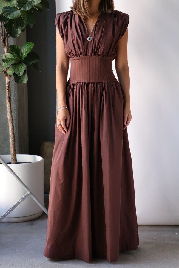 Esse Studios Cotton Gathered Rib Dress - Chocolate | Garmentory