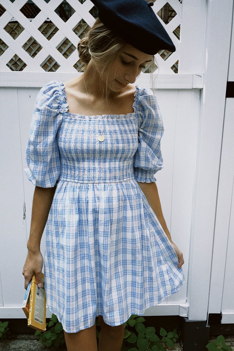Storia Juliette Smocked Plaid Babydoll Dress - White/Blue | Garmentory Storia Juliette Smocked Plaid Babydoll Dress - White/Blue | Garmentory