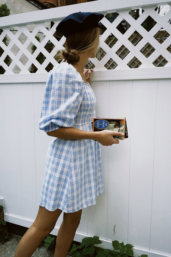 Storia Juliette Smocked Plaid Babydoll Dress - White/Blue | Garmentory