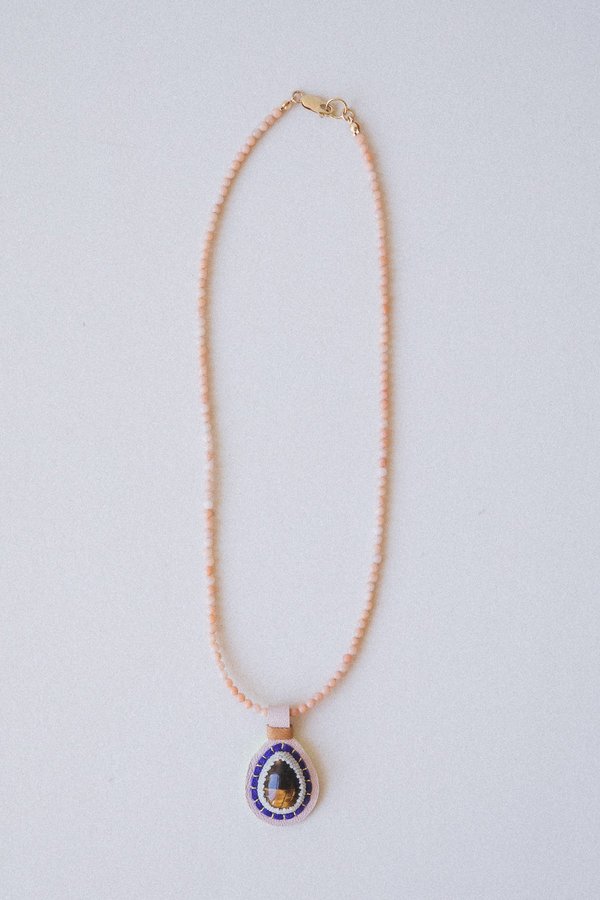 Robin Mollicone PINK AVENTURINE  WITH A TIGER EYE TEARDROP PENDANT NECKLACE - Multi