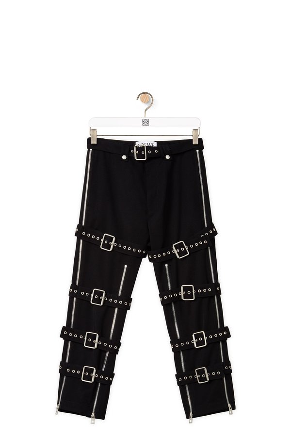 LOEWE Wool Gabardine Bondage Belted Trousers - Black | Garmentory