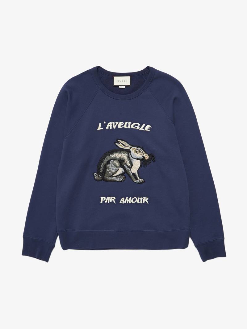 PRE - LOVED] Gucci Navy Rabbit Patched Embroidered Cotton
