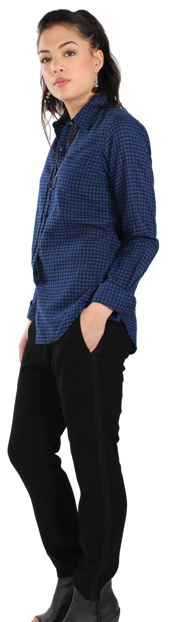 Nili Lotan Shirt Mini Check in Navy/Black Nili Lotan Shirt Mini Check in Navy/Black