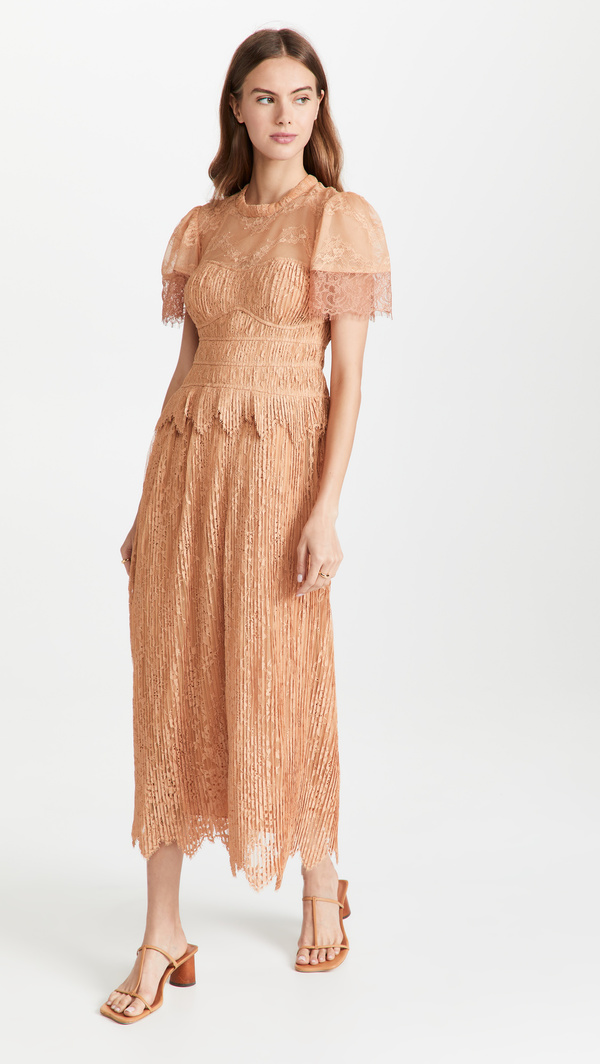 Jonathan Simkhai Violetta Silk Lace Plisse Flutter Sleeve Dress -  Butterscotch | Garmentory