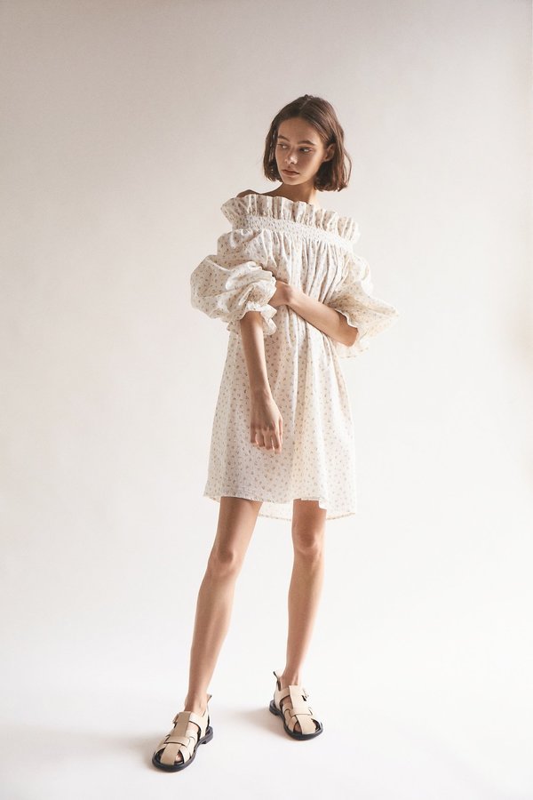 knee length dresses for ladies for Love & Lemons Dascha Puff Sleeve Mini Dress in Pink main image 0