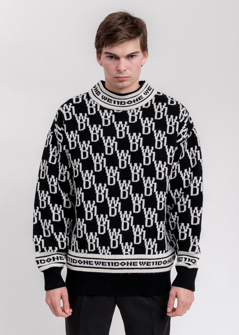 【WE11DONE】WD1 GRAPHIC LOGO SWEATER ニット we11done WD1 Allover Logo Jumper sweater - Black | Garmentory