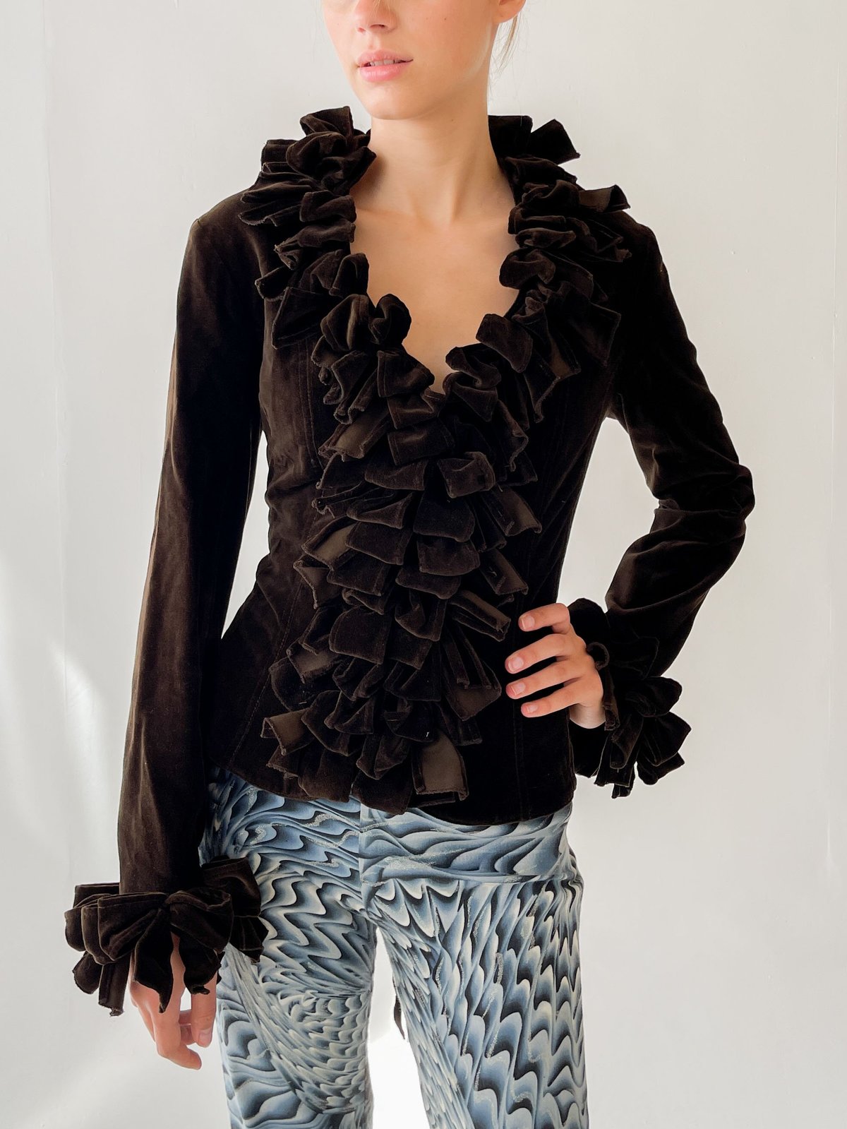 Vintage Anne Fontaine velvet Ruffle Jacket - cocoa | Garmentory