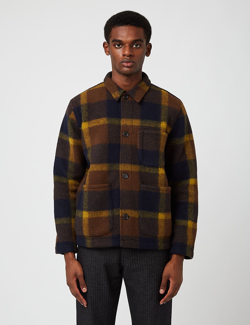 マ*ル様 完売　product twelve field jacket 24SS Universal Works Large Plaid Fleece Field Jacket - Navy Blue