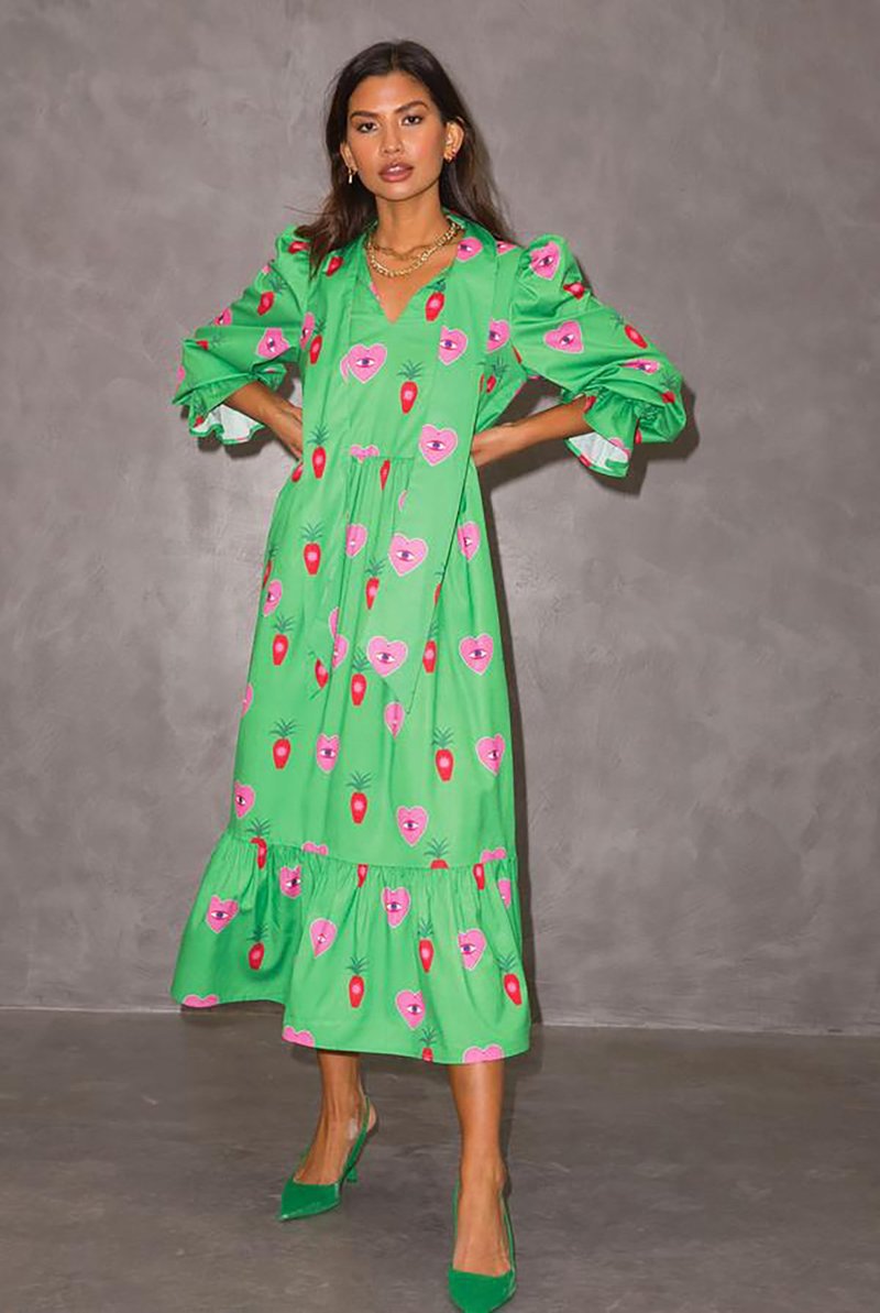 NEVER FULLY DRESSED x Patsy Heart Print Dress - Green | Garmentory NEVER FULLY DRESSED x Patsy Heart Print Dress - Green | Garmentory