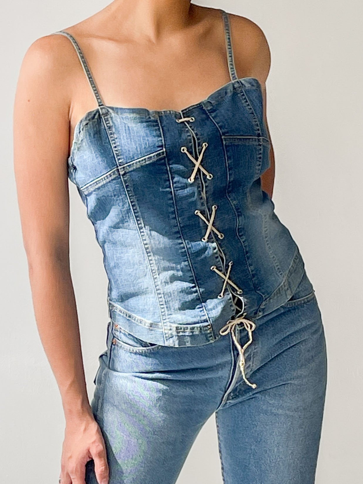 Vintage Denim Lace Up Corset Top blue Garmentory