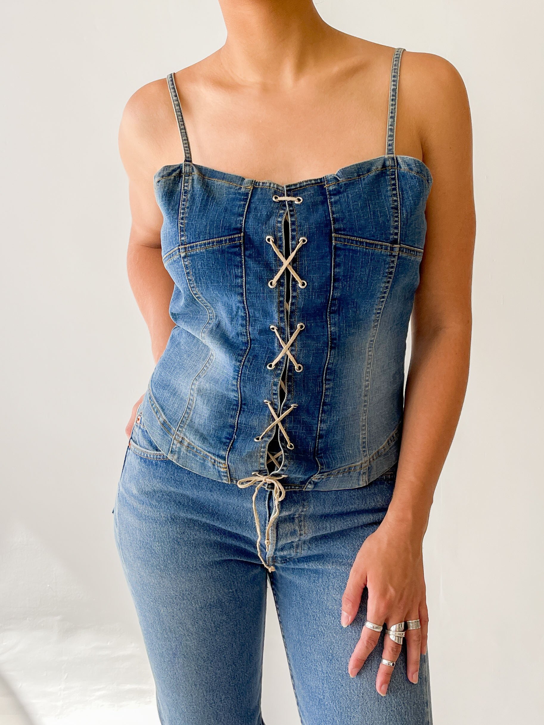Vintage Denim Lace Up Corset Top blue Garmentory