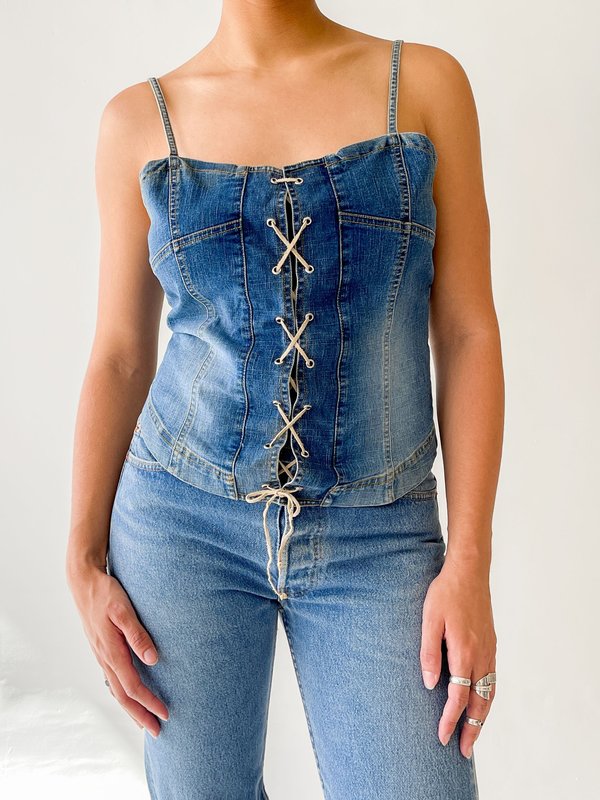 Vintage Denim Lace Up Corset Top blue Garmentory