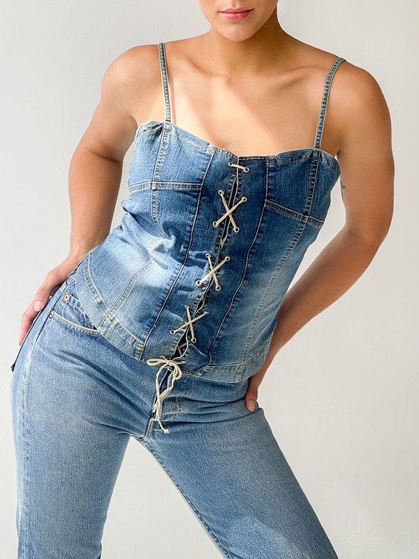Vintage Denim Lace Up Corset Top blue Garmentory