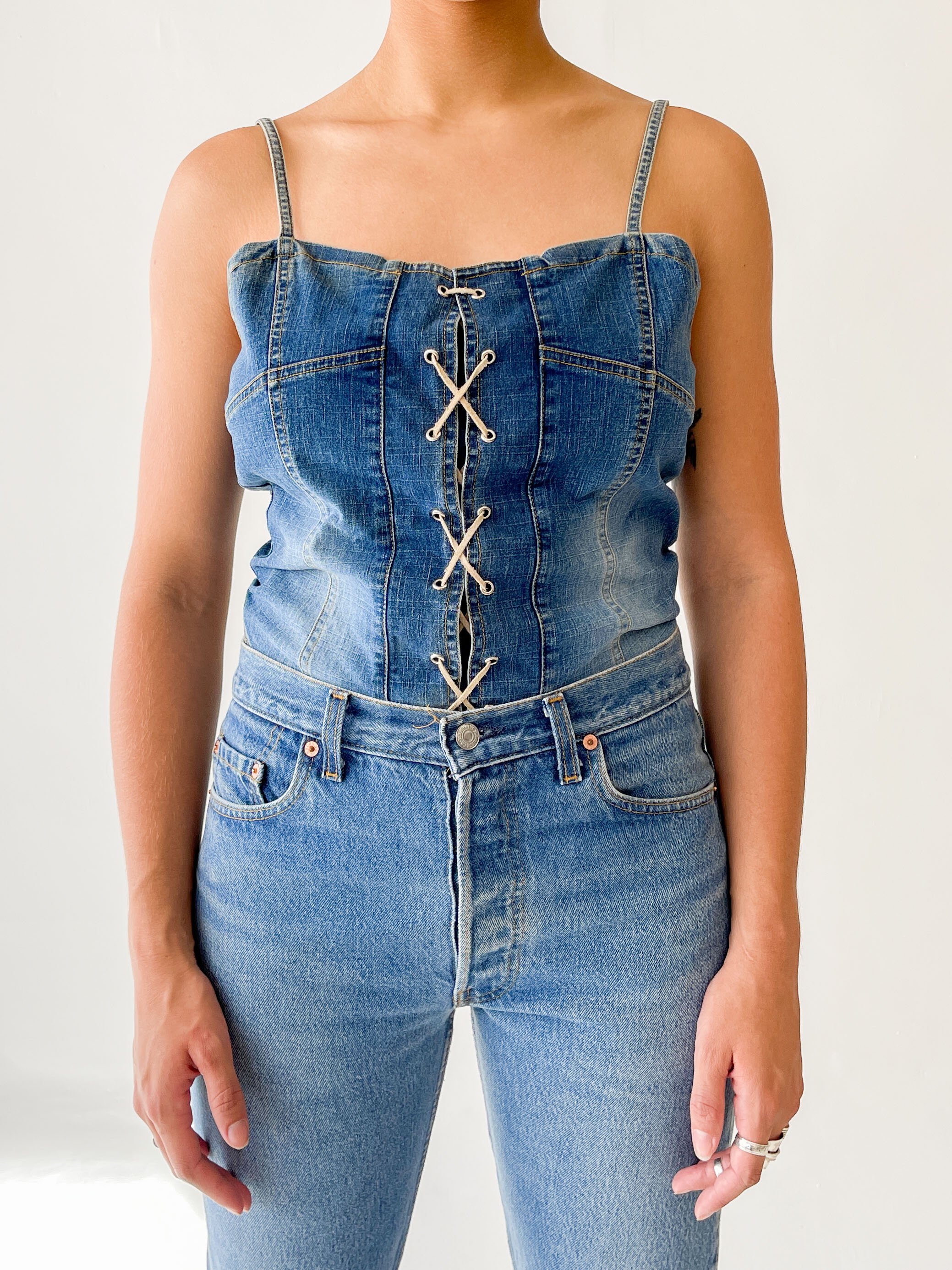 Vintage Denim Lace Up Corset Top blue Garmentory