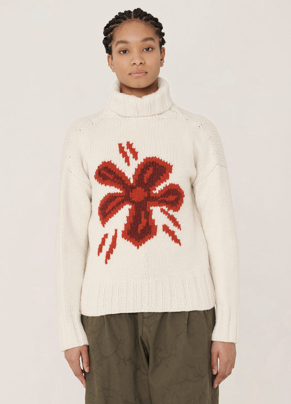YMC Daisy Handknitted Lambswool Roll Neck Jumper - Ecru/Red
