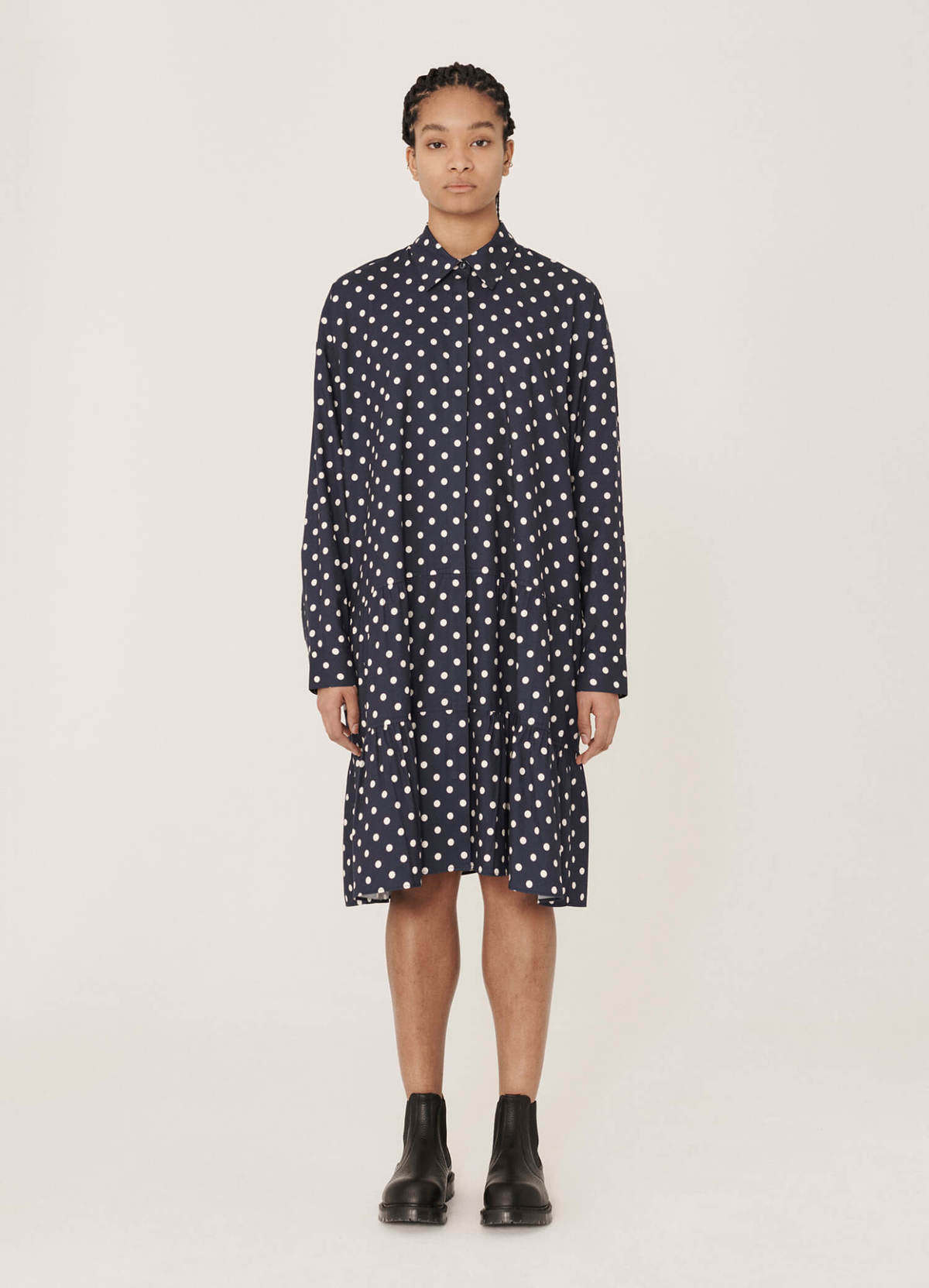 YMC Luna Rayon Cotton Dot Print Dress - Navy Ecru | Garmentory YMC Luna Rayon Cotton Dot Print Dress - Navy Ecru | Garmentory