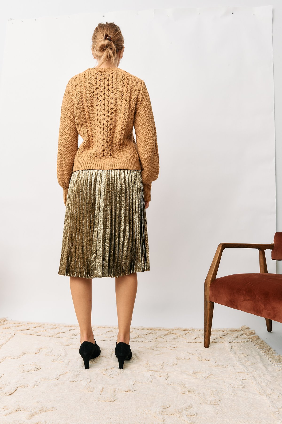 Vintage Saint Laurent Mettalic Pleated Midi Skirt - Gold