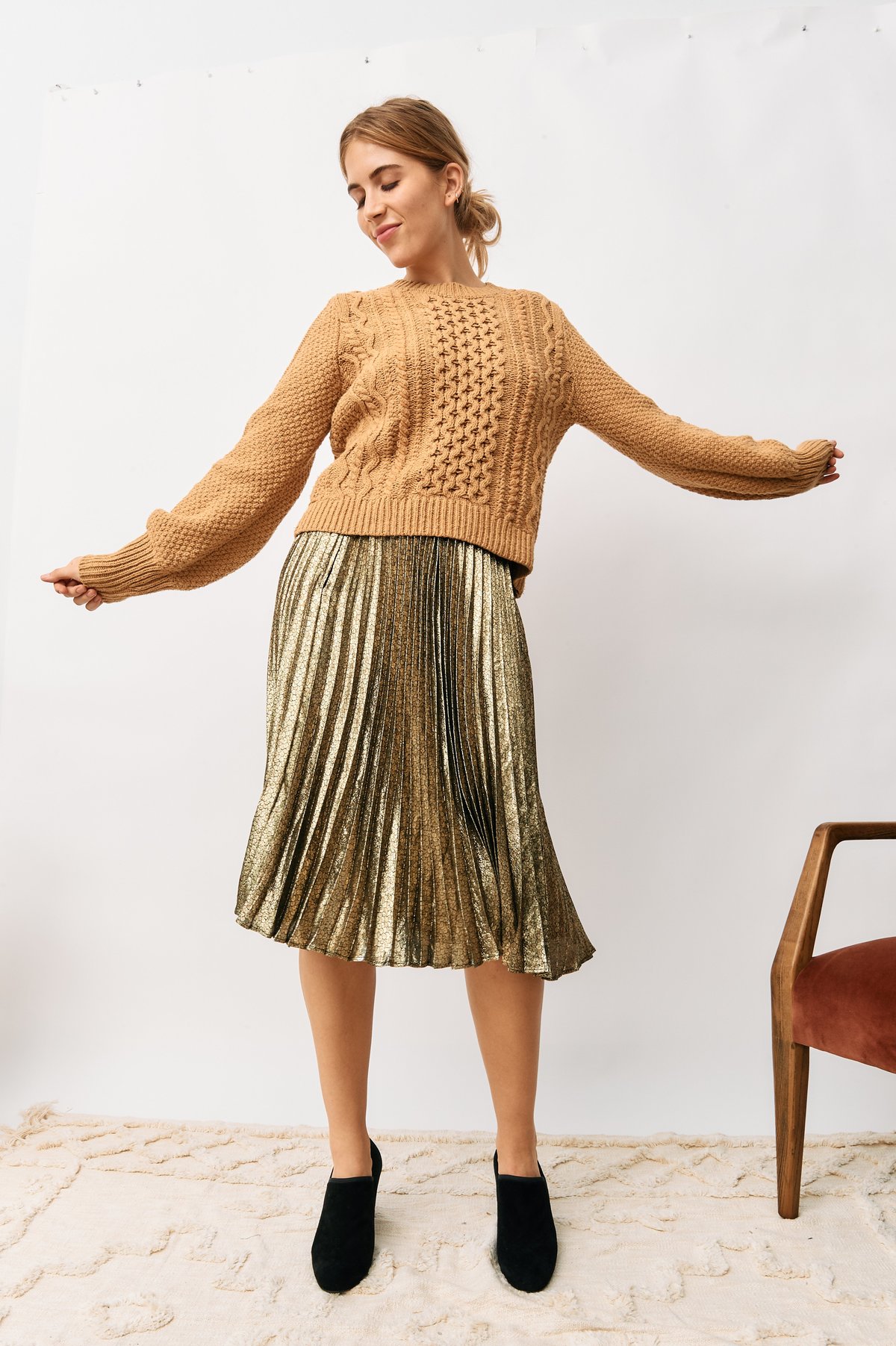 Vintage Saint Laurent Mettalic Pleated Midi Skirt - Gold