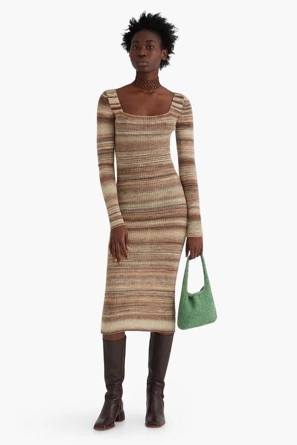 knee length dresses for ladies Holden Chocolate Brown Long Sleeve Knitted Midi Dress – Get That Trend
