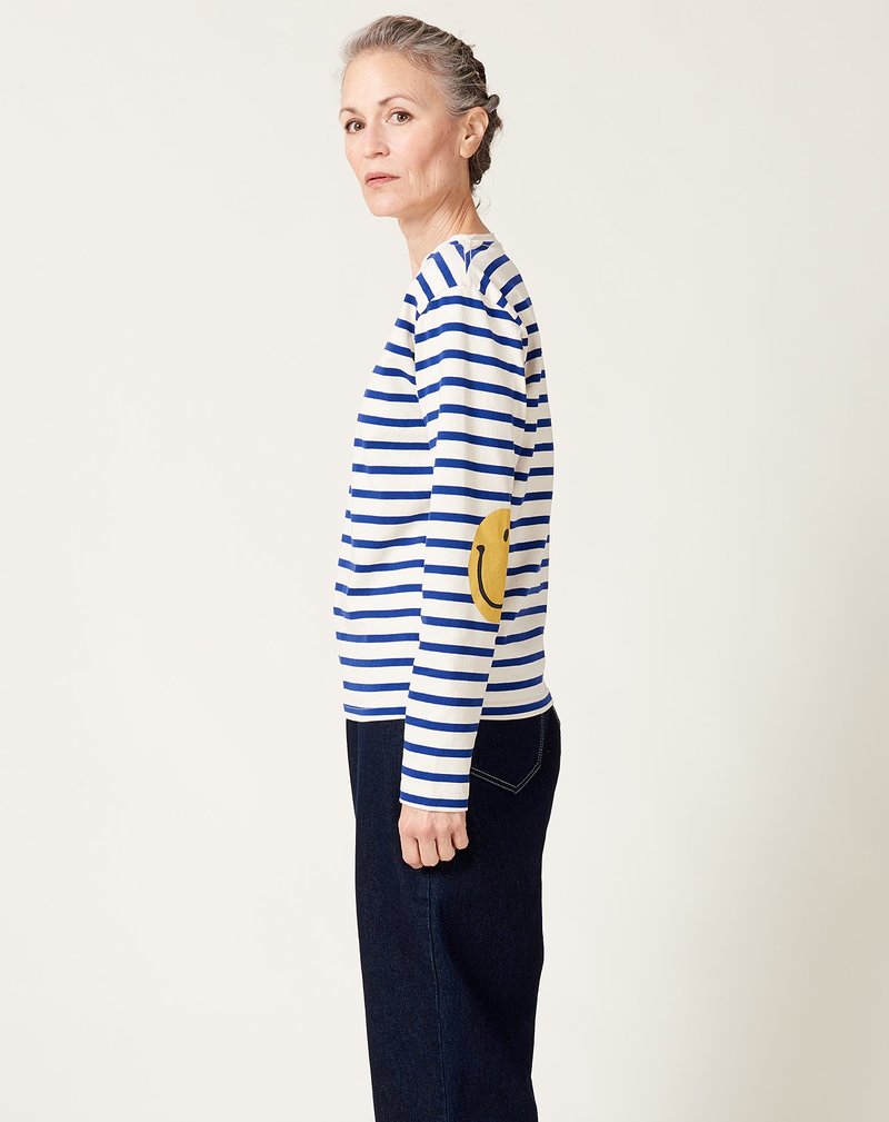 Kapital Stripe Jersey Long Sleeve Smile Patch Tee - Blue