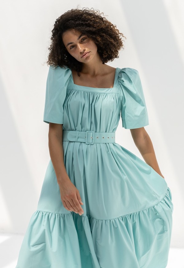 green emerald velvet dress Hebe Puffy Sleeve Side Cut Out Dress In Seafoam – The Design Closets