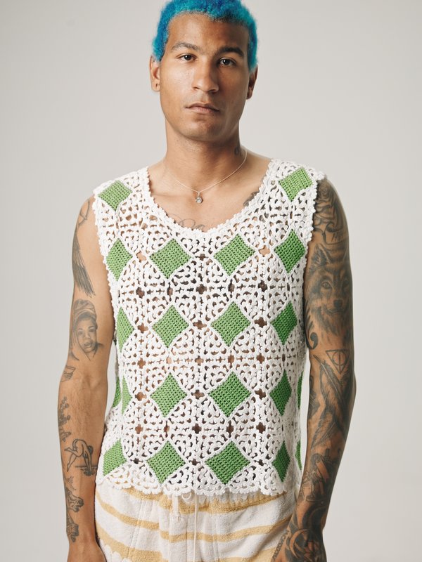 BODE Diamond Crochet Tank - White/Green | Garmentory