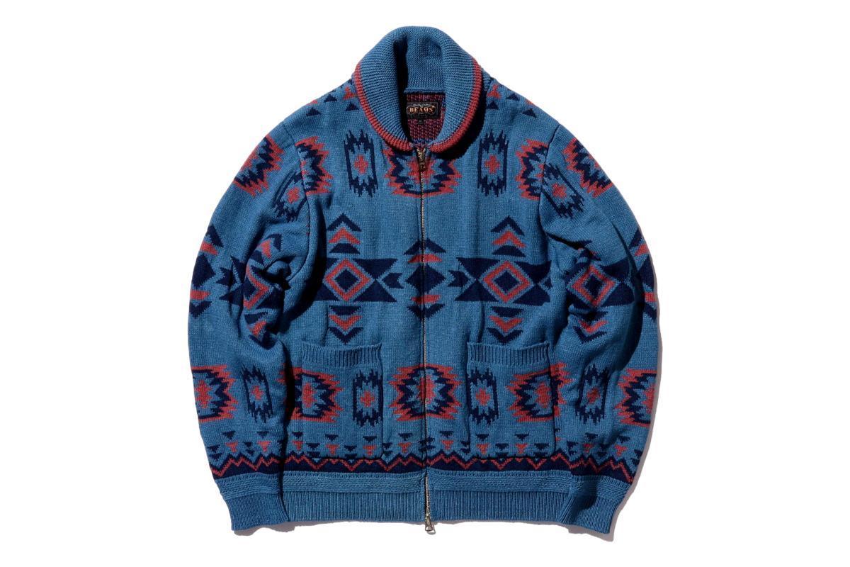 Beams Plus Zip Knit Cardigan - Indigo/Red Jacquard | Garmentory