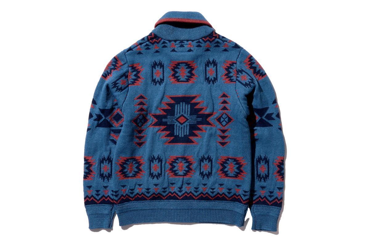 Beams Plus Zip Knit Cardigan - Indigo/Red Jacquard | Garmentory