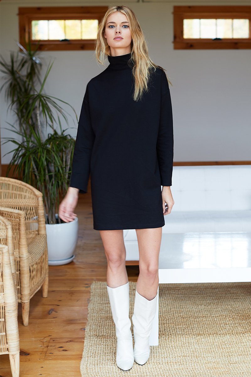 princess polly baby blue dress Women's Outfit: Charcoal Sweater Dress, Black Suede Ankle Boots, Black  Quilted Leather Satchel Bag, Black Beret main image 0