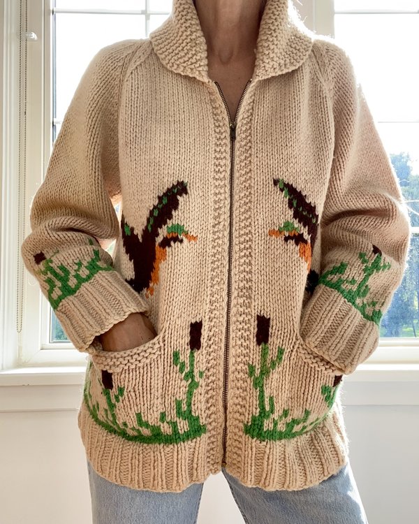 Vintage 1950s Curling Ducks Wool Cardigan | Garmentory
