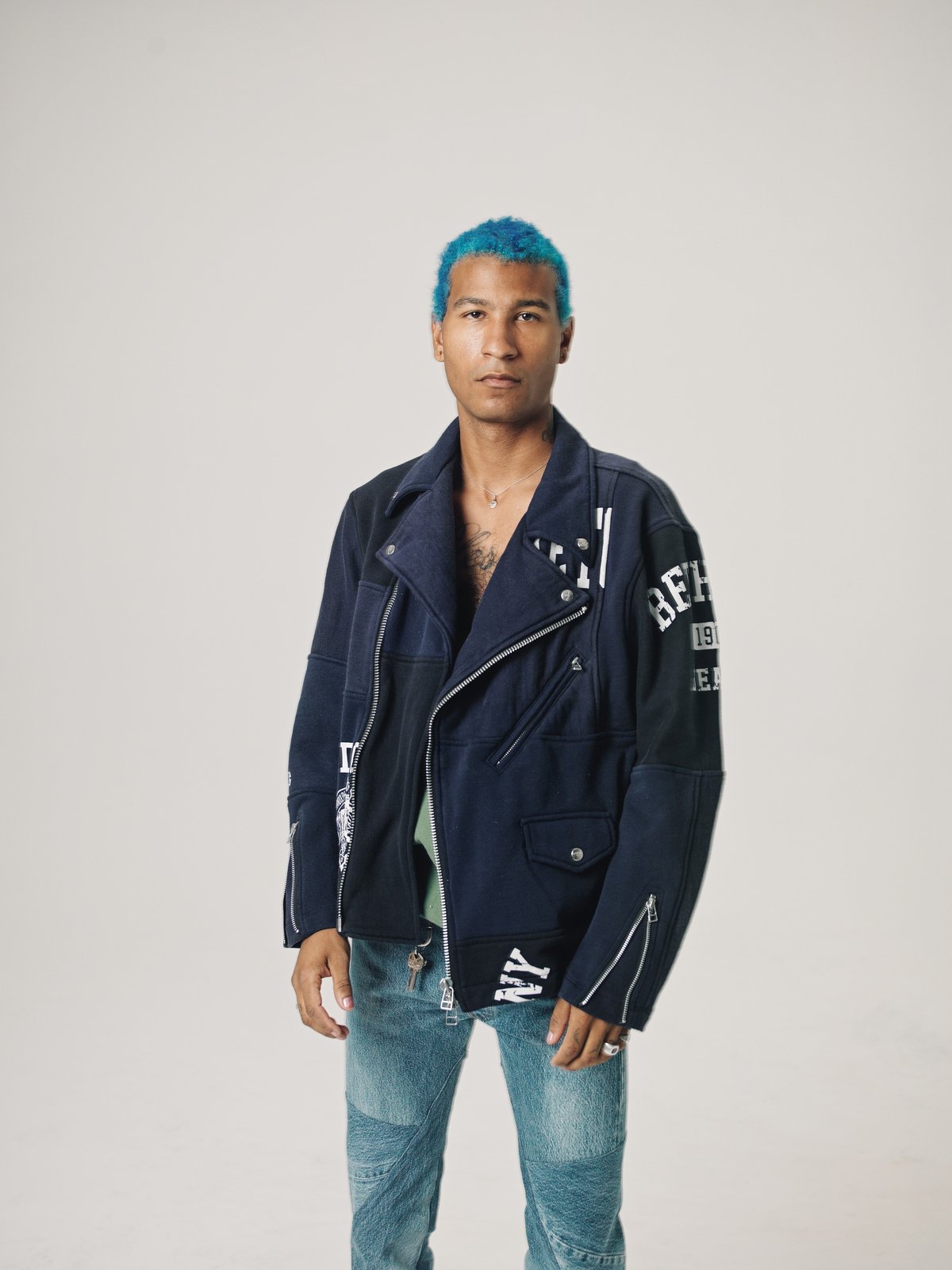 希少 OLD PARK Oversized Riders Jacket Old Park College Sweatshirt Oversized Riders Jacket - Navy