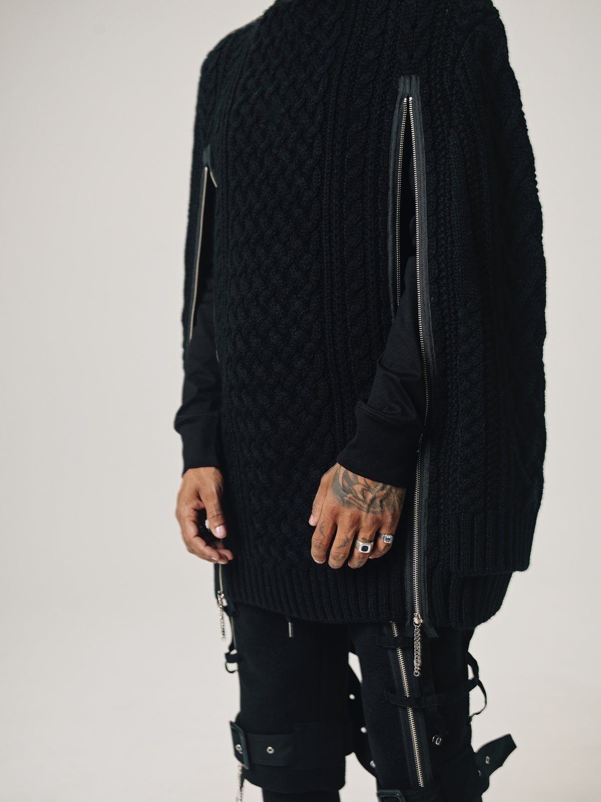 TAKAHIROMIYASHITA The Soloist. Wool Knit Zip Boat Neck Aran Cape - Black - Image 2 of 14