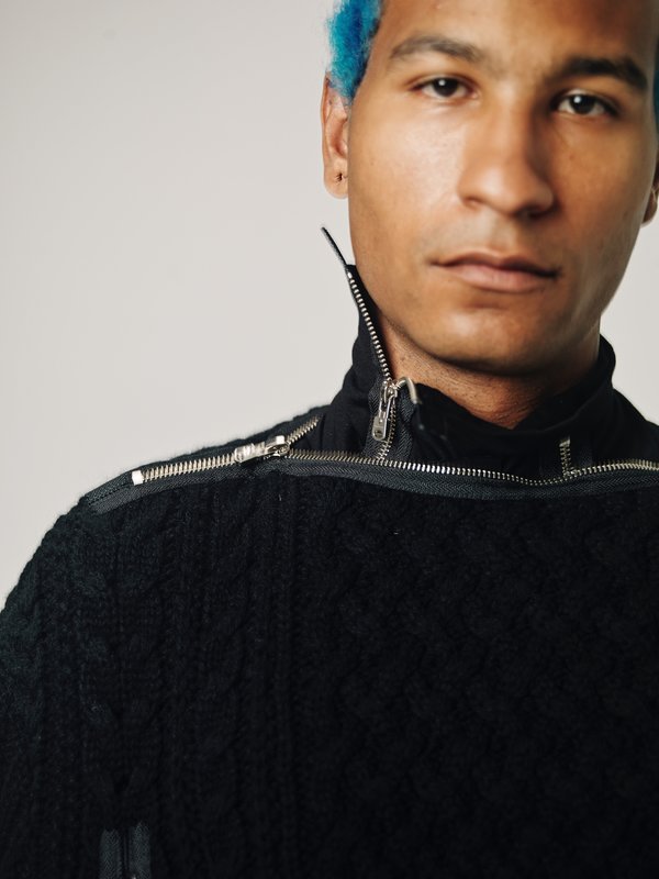 TAKAHIROMIYASHITA The Soloist. Wool Knit Zip Boat Neck Aran Cape