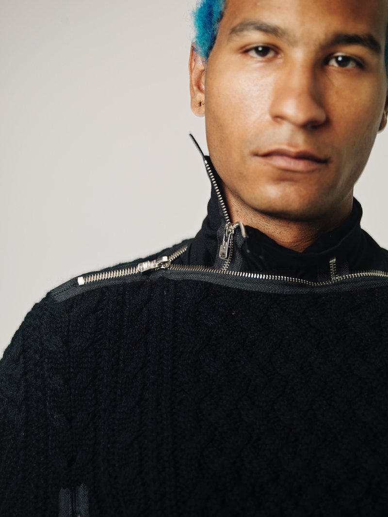 TAKAHIROMIYASHITA The Soloist. Wool Knit Zip Boat Neck Aran Cape - Black