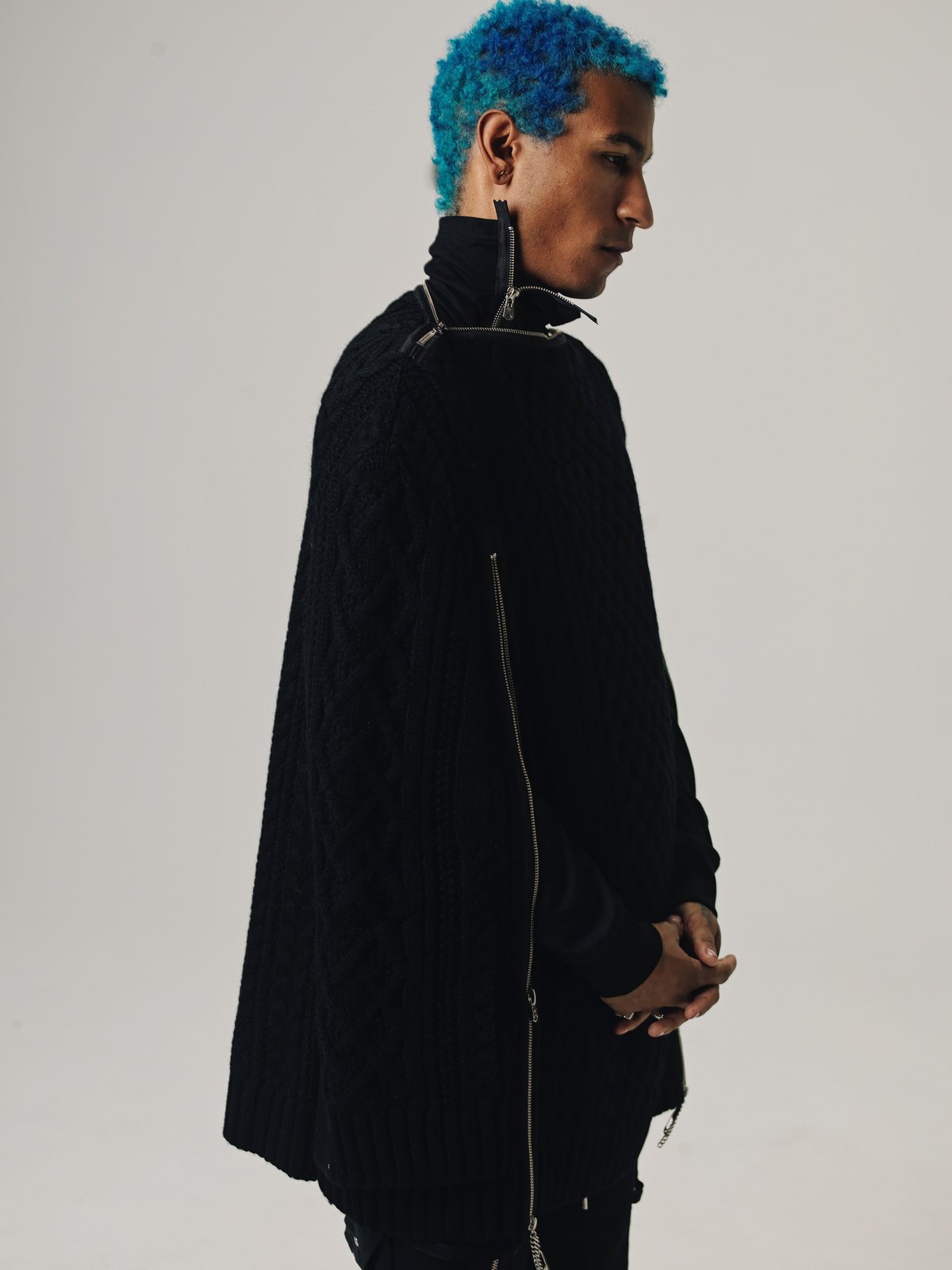 TAKAHIROMIYASHITA The Soloist. Wool Knit Zip Boat Neck Aran Cape - Black - Image 4 of 14