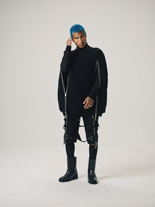 TAKAHIROMIYASHITA The Soloist. Wool Knit Zip Boat Neck Aran Cape - Black