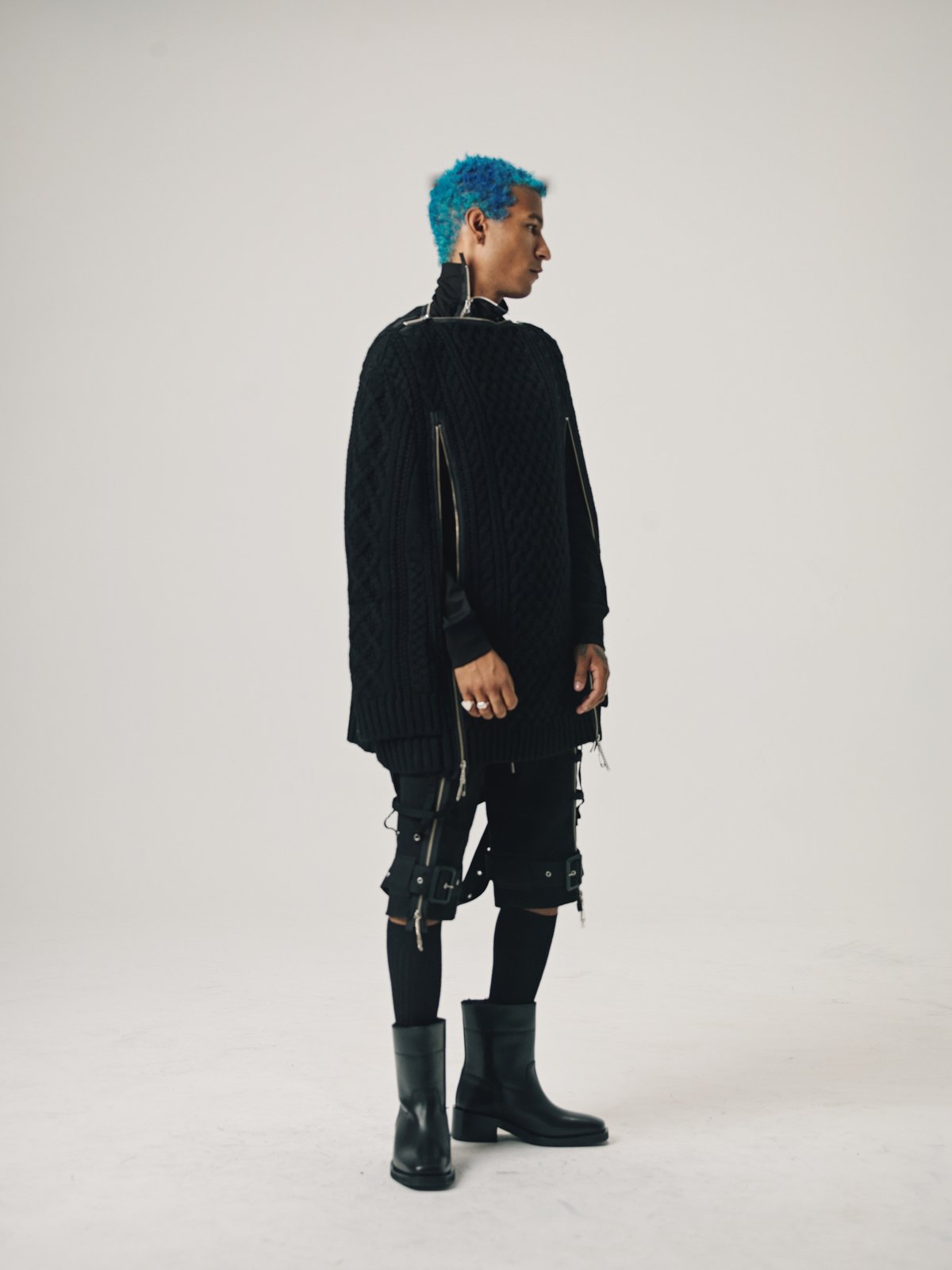 TAKAHIROMIYASHITA The Soloist. Wool Knit Zip Boat Neck Aran Cape - Black - Image 8 of 14