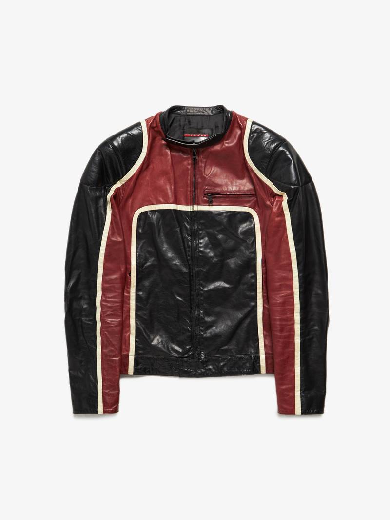 Prada Male Moto Styled Leather Jacket - black/red | Garmentory