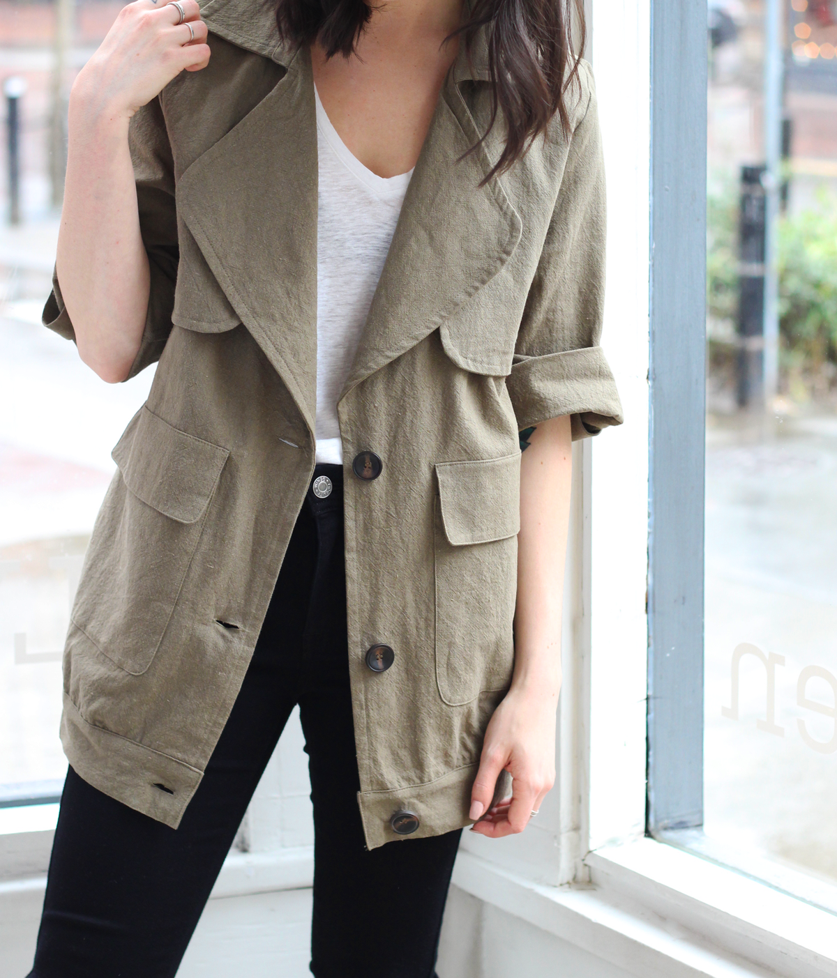 LUSH  Oversized Linen Jacket in Olive Green - Image 1 of 4