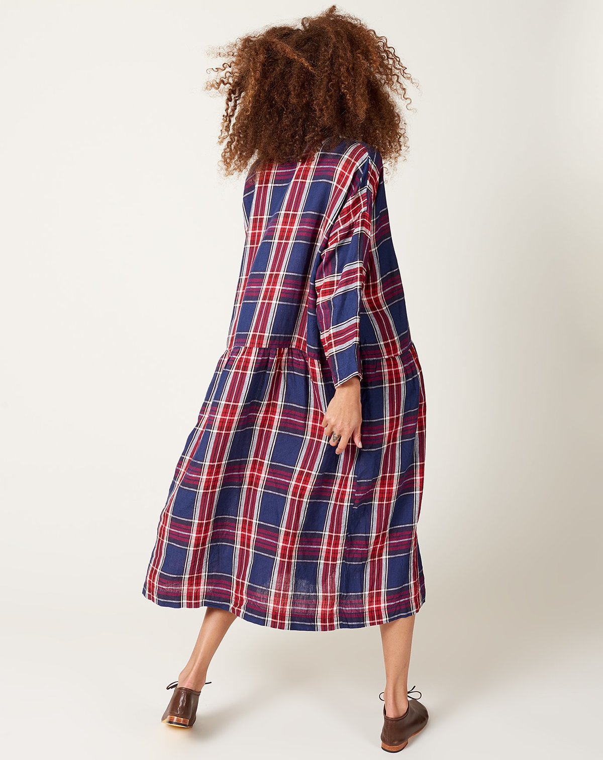 ICHI ANTIQUITES Linen Tartan Check Dress - Navy/Red | Garmentory