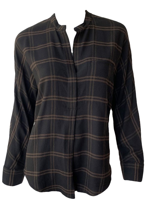 VINCE Shadow Plaid Band Collar Pullover - Black