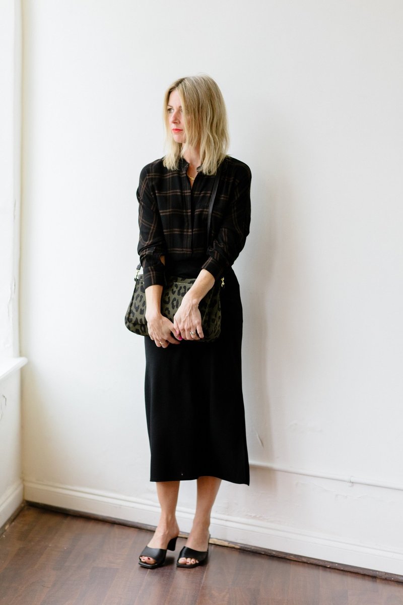 VINCE Shadow Plaid Band Collar Pullover - Black