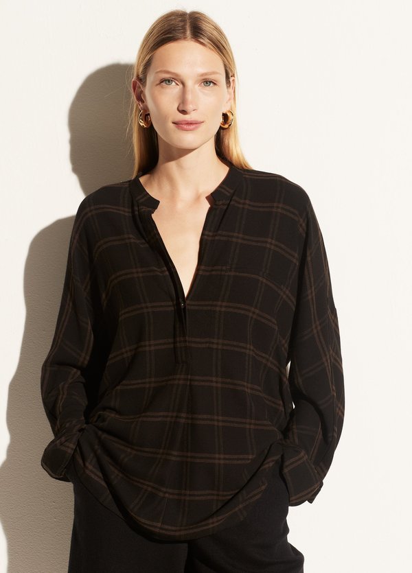 VINCE Shadow Plaid Band Collar Pullover - Black