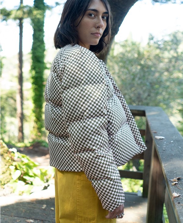 SAMPLE - PUFFER JACKET - PEACH/OLIVE CHECK | Garmentory