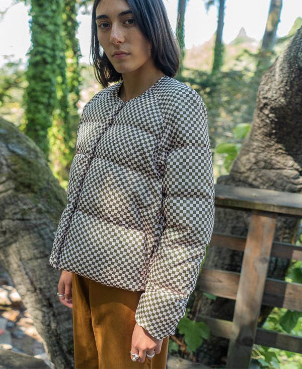 SAMPLE - PUFFER JACKET - PEACH/OLIVE CHECK | Garmentory