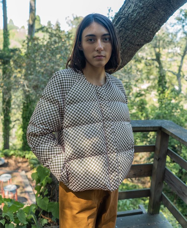 SAMPLE - PUFFER JACKET - PEACH/OLIVE CHECK | Garmentory