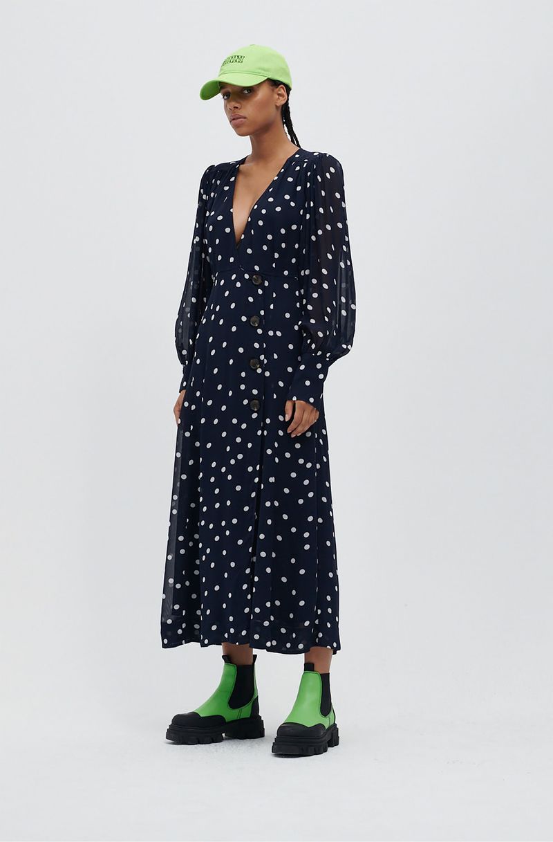 【GANNI】dress Dusty Blue Blue Floral Printed Crinkled Satin Mini Wrap